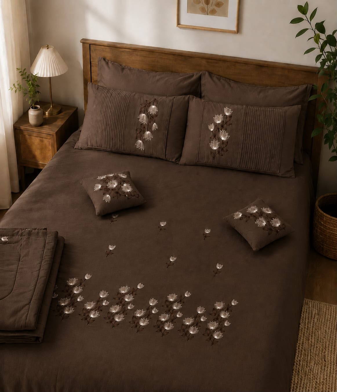 Brown Embroidered Bedsheet Set
