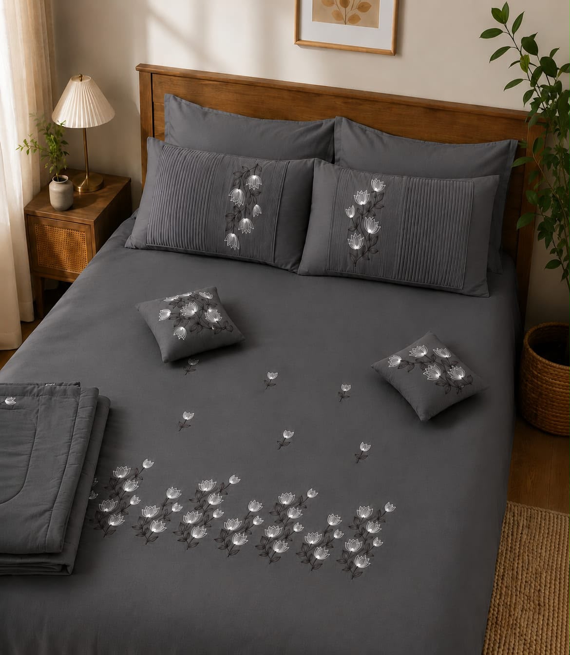 Dark Grey Embroidered Bedsheet Set