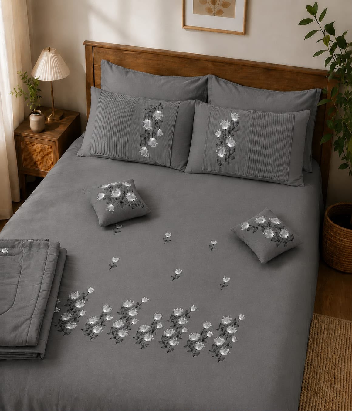 Grey Embroidered Bedsheet Set with Cushions