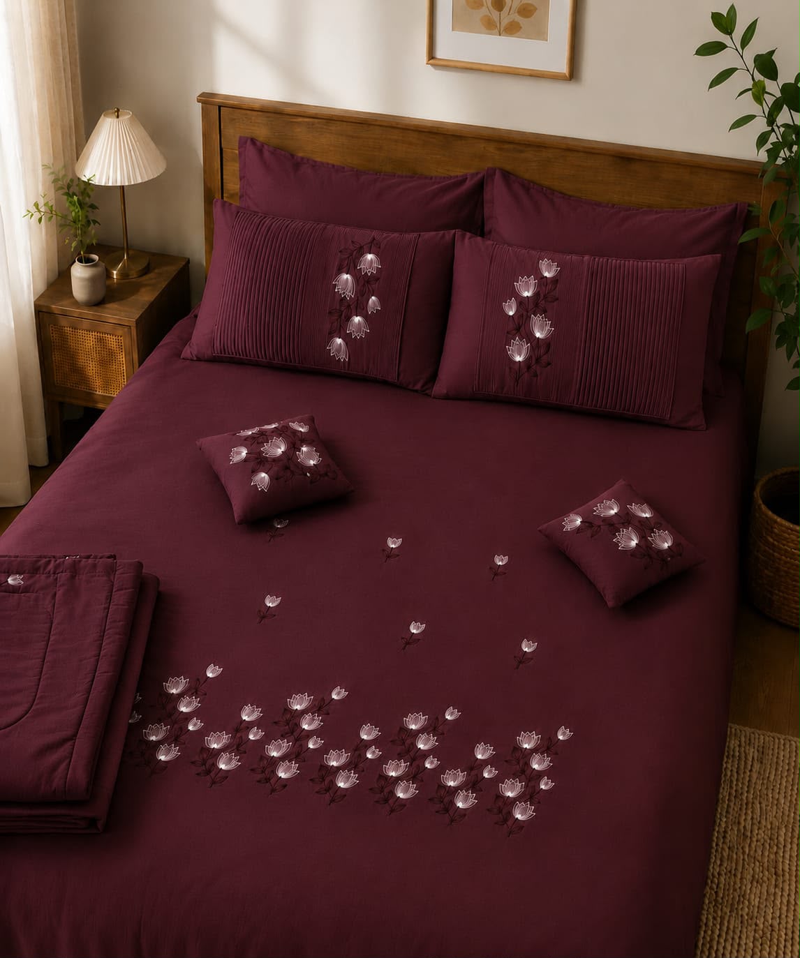 Maroon Embroidered Bedsheet Set