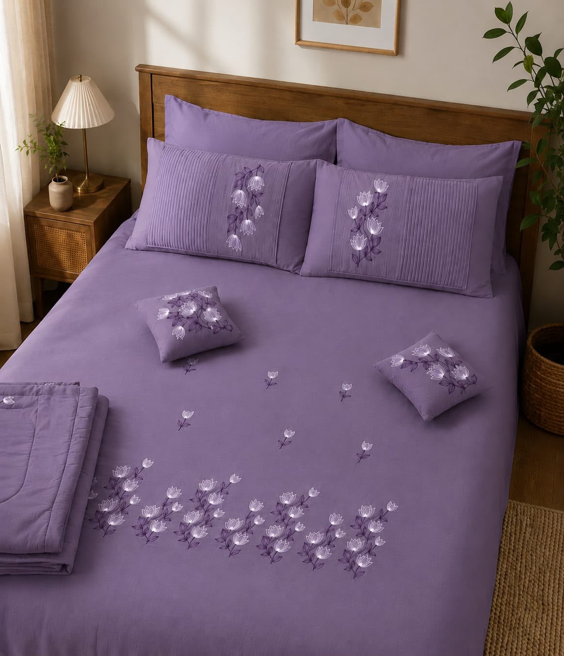 Purple Embroidered Bedsheet Set